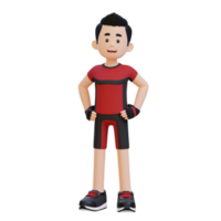 3d sportivo personaggio in mostra un' salutare stile di vita con mano su anca posa png