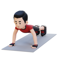 3d deportivo masculino personaje ejecutando estándar empujar arriba ejercicio a hogar gimnasio png