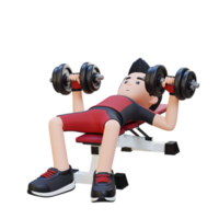 3d sportif personnage sculpture musclé physique avec haltère banc presse png