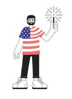 patriótico 4to de julio monocromo vector Mancha ilustración. orgulloso hombre vistiendo americano bandera camiseta con bengala 2d plano bw dibujos animados personaje para web ui diseño. aislado editable mano dibujado héroe imagen