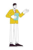 Office man presenting business report at work flat line color vector character. Editable outline full body person on white. Manager with papers simple cartoon spot illustration for web graphic design