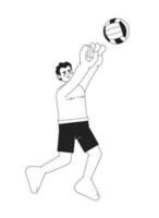 Male volleyball player spiking monochromatic flat vector character. Swimwear man jumping with ball. Editable thin line full body person on white. Simple bw cartoon spot image for web graphic design