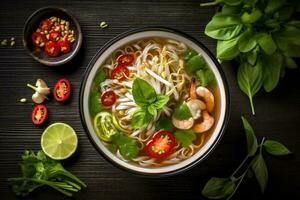 vegetable background soup japanese bowl meal noodle cookery hot asian food. Generative AI. photo