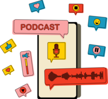 Phone with podcast on screen and decorative design elements. Communication, social networking concept png