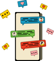 Phone with short messages, icons and emoticons. Chatting with friends and sending new messages. Communication, social networking concept. png