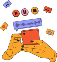 Hand holding phone with listening music on screen and decorative design elements. Communication, social networking concept. png