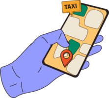 Hand halten Telefon mit App Taxi auf Bildschirm und dekorativ Design Elemente png