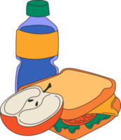 Schule Mittagessen Kasten. verschiedene Essen, Sandwich, Wasser, Apfel. Hand gezeichnet. isoliert Elemente, Design Vorlagen. gesund Essen Konzept png