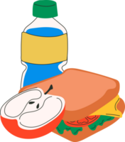 Schule Mittagessen Kasten. verschiedene Essen, Sandwich, Wasser, Apfel. Hand gezeichnet. isoliert Elemente, Design Vorlagen. gesund Essen Konzept png