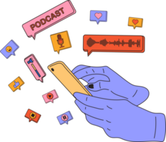 Hand holding phone with podcast on screen and decorative design elements. Communication, social networking concept png