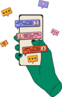 Hand holding phone with short messages, icons and emoticons. Chatting with friends and sending new messages. Communication, social networking concept. png