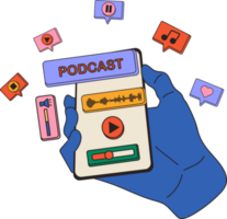 Hand holding phone with podcast on screen and decorative design elements. Communication, social networking concept png