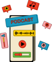 Phone with podcast on screen and decorative design elements. Communication, social networking concept png