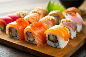 japanese fish food roll sushi meal rice japan seafood set. Generative AI. photo