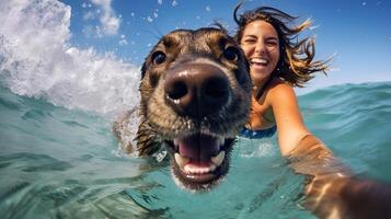contento perro y sonriente juguetón joven mujer nadando en el mar en soleado día. tomando selfie postura. verano ocupaciones con mascota. ai generativo foto