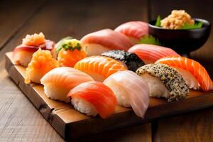 roll food seafood set rice sushi meal fish japanese japan. Generative AI. photo