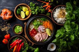 soup meal hot japanese asian white noodle background vegetable food bowl. Generative AI. photo