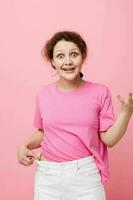 attractive young woman fashion pink t-shirt decoration posing Lifestyle unaltered photo