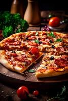 cheese homemade meal pizza fast italian food food copy tomato background space black. Generative AI. photo