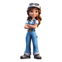 3D cartoon female mechanic character on transparent background. png