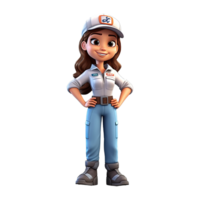 3D cartoon female mechanic character on transparent background. Generative AI png