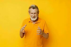 old man hand gesture gray beard fun isolated background photo