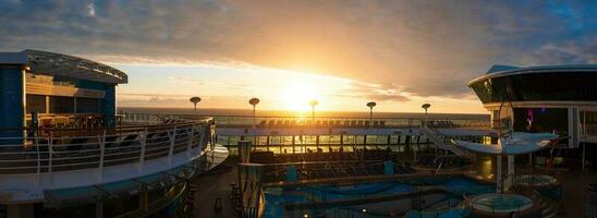 Panoramic ocean view with luxury cruise ship heading to vacation from Seattle to Alaska photo