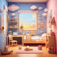 3D Render of Cute bedrooms with desktop illustrations, Cute Kids Bedroom illustrations photo