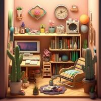 3D Render of Cute bedrooms with desktop illustrations, Cute Kids Bedroom illustrations photo