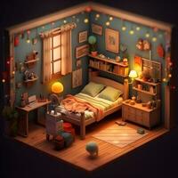 3D Render of Cute bedrooms with desktop illustrations, Cute Kids Bedroom illustrations photo