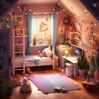3D Render of Cute bedrooms with desktop illustrations, Cute Kids Bedroom illustrations photo
