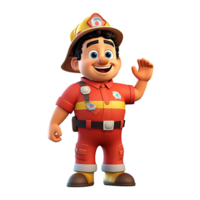 3D cartoon firefighter character on transparent background. Generative AI png