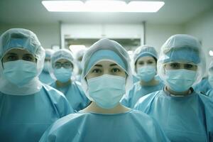 un grupo de cirujanos en un hospital habitación, vestido en clásico azul uniformes y máscaras generativo ai ilustración. foto