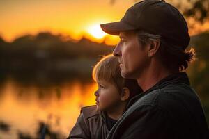 Father and son on the background of the river at sunset. The concept of a happy family, illustration. photo