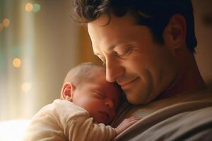 Portrait of happy father with his newborn baby at home. Happy family and Father's Day celebration concept, illustration. photo