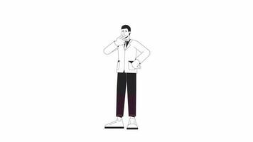 Brainstorming employee bw animation. Animated character thinking man question marks. Monochrome 2D flat outline cartoon 4K video, white background, alpha channel transparency for web design video