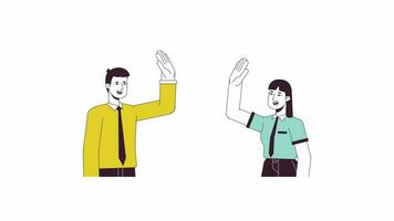 Corporate team building animation. Animated cartoon office people give high five. Isolated colour flat line 2D characters 4K video footage, white background, alpha channel transparency for web design