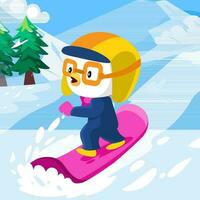 Cute Penguin Surfing In Snow Mountain vector