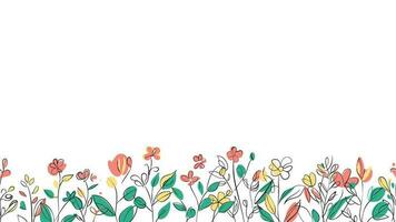 Spring Colorful botanical flat vector Horizontal illustration on white background. Banner floral backdrop decorated with gorgeous multicolored blooming flowers and leaves border.