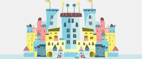 Cute Scandinavian Town Illustration Flat Cartoon Vector. Tiny Houses and Cozy Street vector