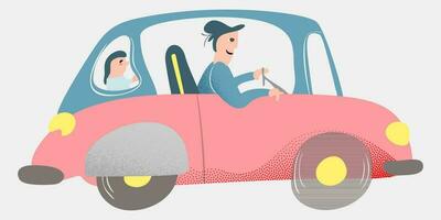 contento familia verano vacaciones ilustración con coche. padre y niños. papá y hijo o hija vector