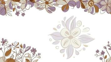 Spring Colorful botanical flat vector Horizontal illustration on white background. Banner floral backdrop decorated with gorgeous multicolored blooming flowers and leaves border.