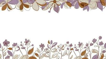 Spring Colorful botanical flat vector Horizontal illustration on white background. Banner floral backdrop decorated with gorgeous multicolored blooming flowers and leaves border.