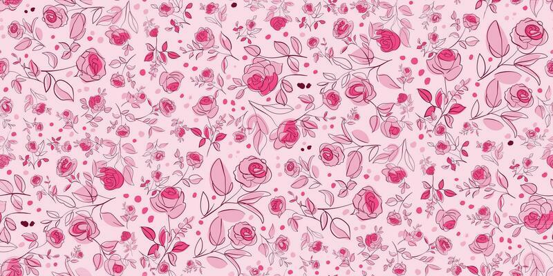 Seamless pattern purple bright pink flower Contemporary Liberty feminine botanical floral branch. Hand drawn wedding herb, minimalistic flowers with elegant leaves. Half drop repeat pattern.