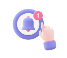 3d illustration icon of purple Notification and hand for UI UX web mobile apps social media ads design png