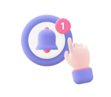 3d illustration icon of purple Notification and hand for UI UX web mobile apps social media ads design png