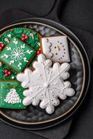 Beautiful Christmas or New Year colorful homemade gingerbread cookies photo