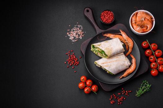 delicioso Fresco rodar con camarones, Tomates, lechuga y Pepino en Agave un pan foto