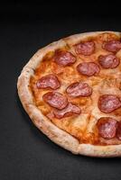 sabroso Fresco Pizza con salami, queso, Tomates, especias y sal foto