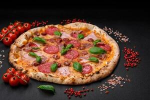 Delicious fresh oven baked pizza with salami, meat, cheese, tomatoes photo